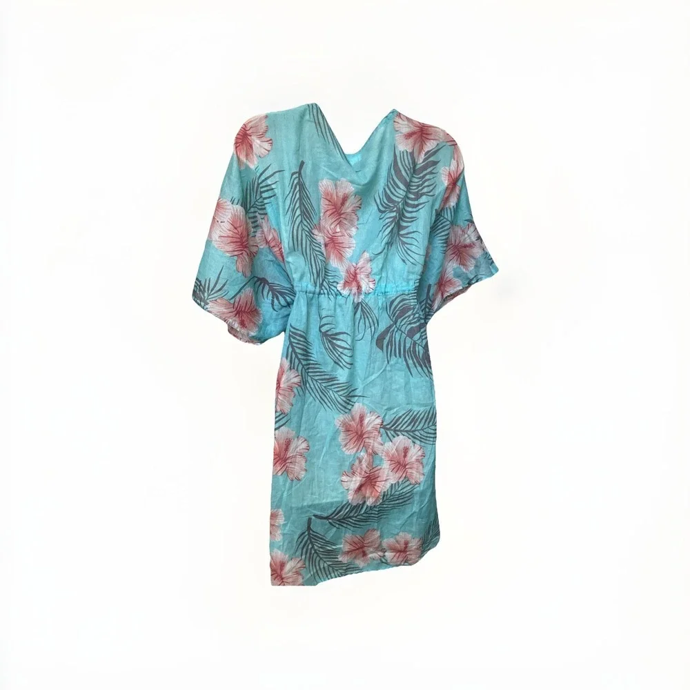 Debbie Katz South Beach Coverup 100% Cotton Tropical Print Flutter Sleeve Resort